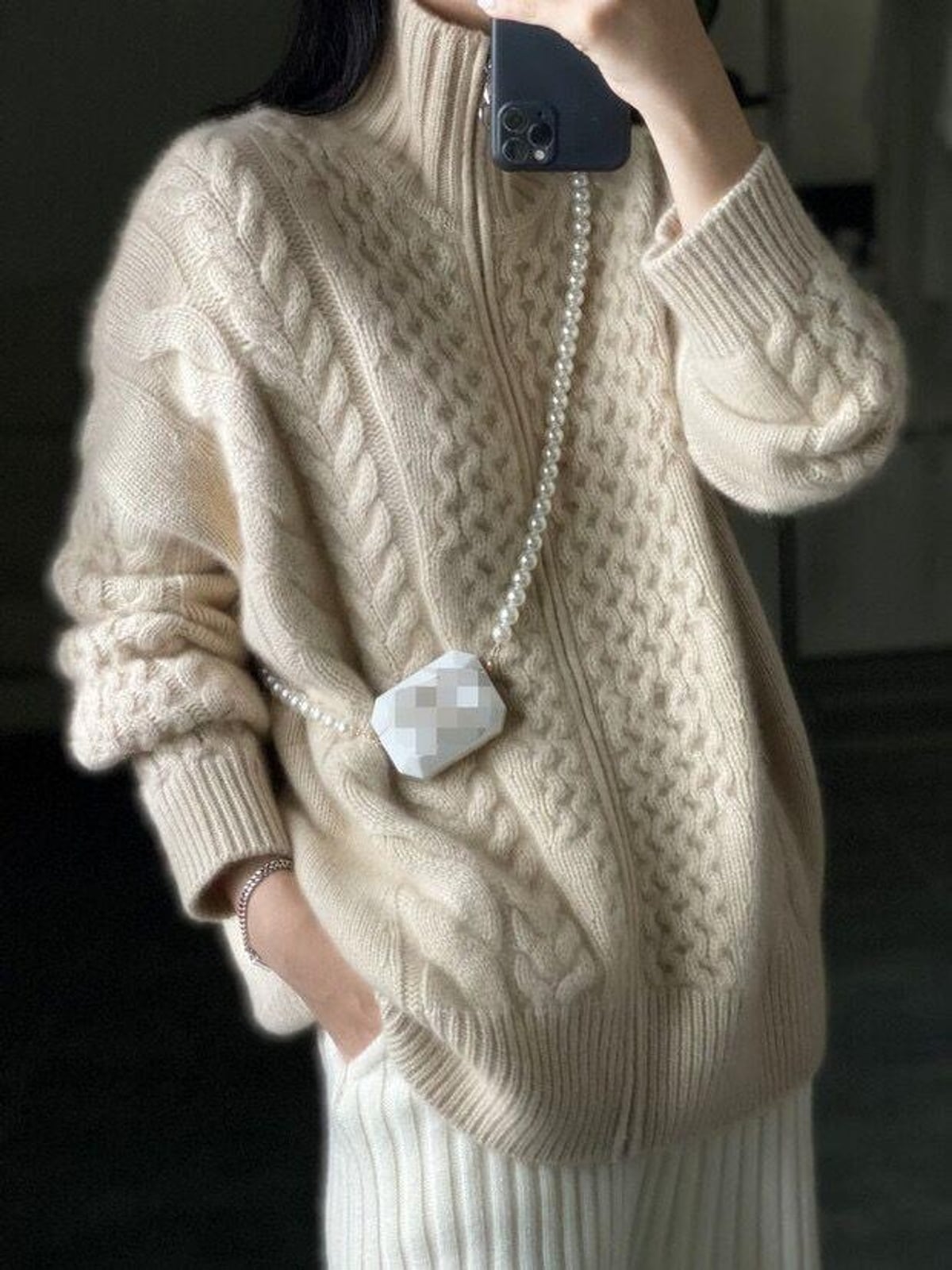 gilet femme oversize torsadé col montant zippé en écru
