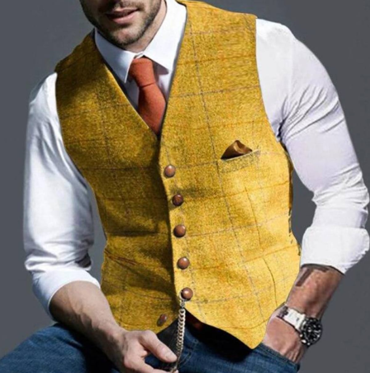 gilet homme col châle sans manches coupe droite en jaune
