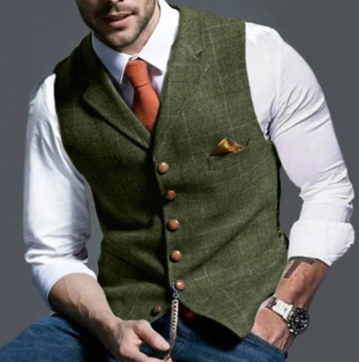 gilet homme col châle sans manches coupe droite en vert foncé