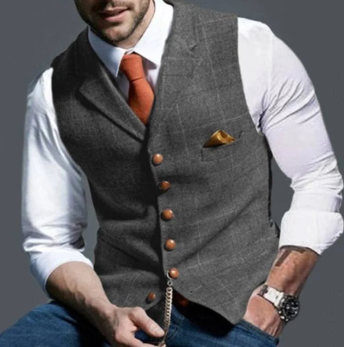 gilet homme col châle sans manches coupe droite en grijs