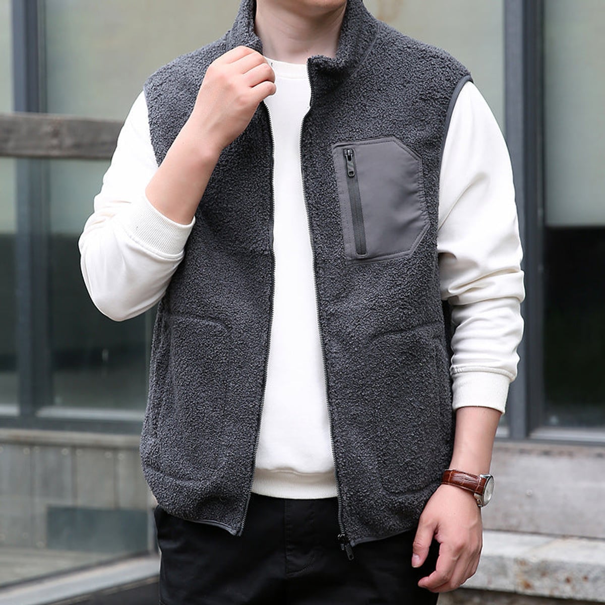 gilet homme coupe décontractée poches zippées Gris Foncé