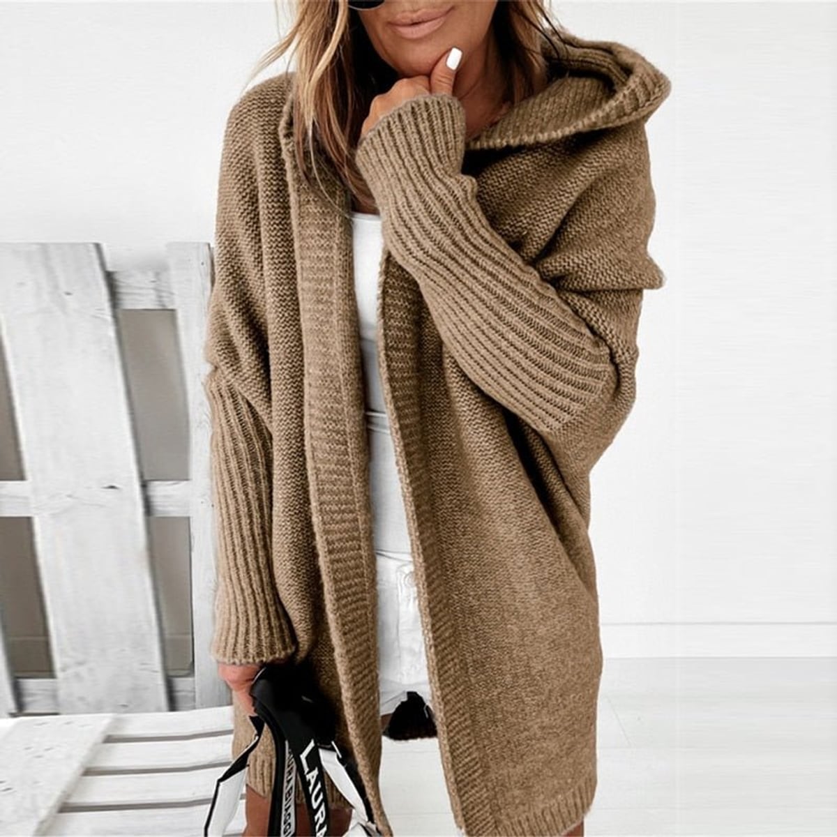 gilet long femme oversize à capuche en kaki