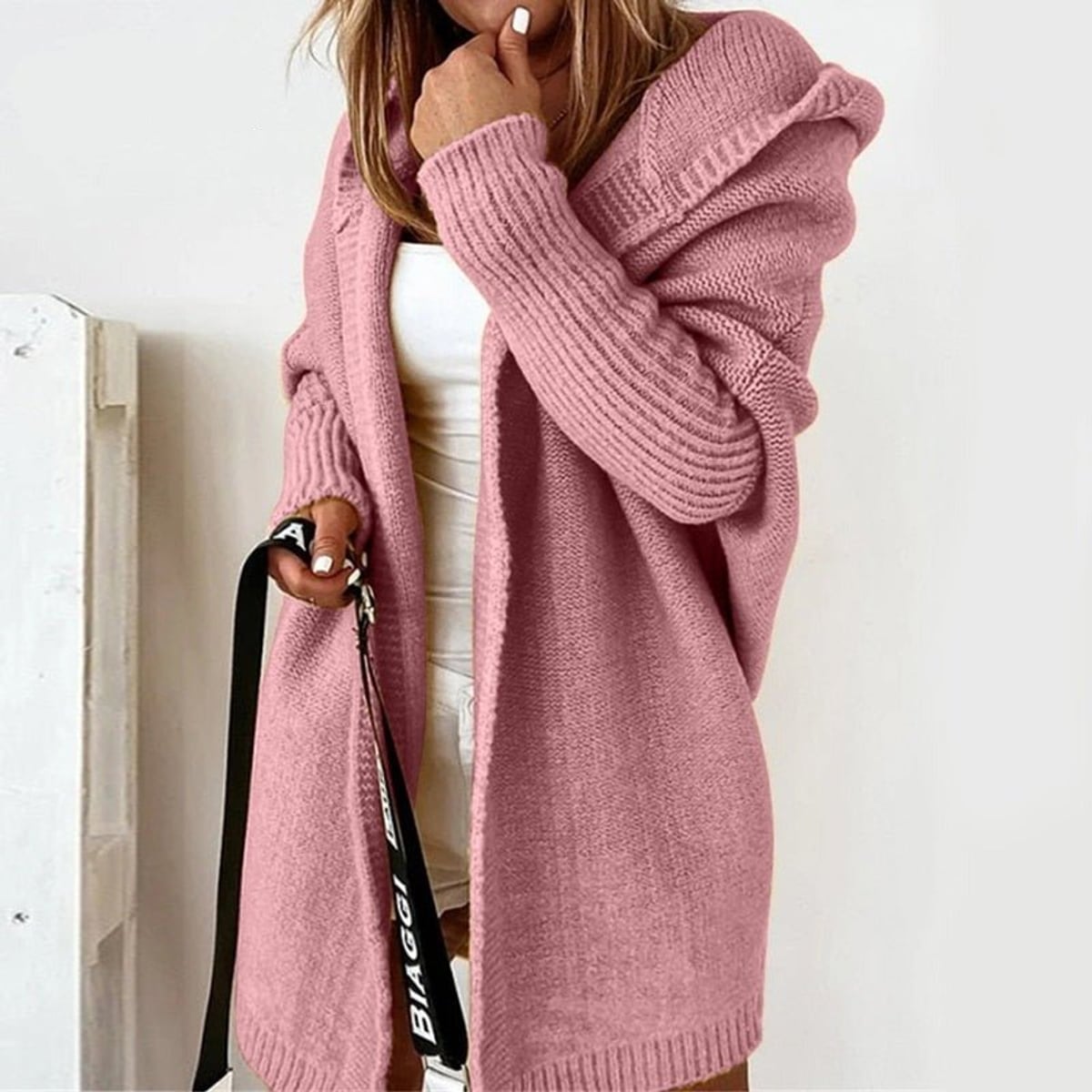 gilet long femme oversize à capuche en rose