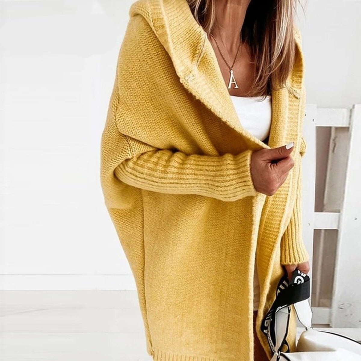 gilet long femme oversize à capuche en jaune