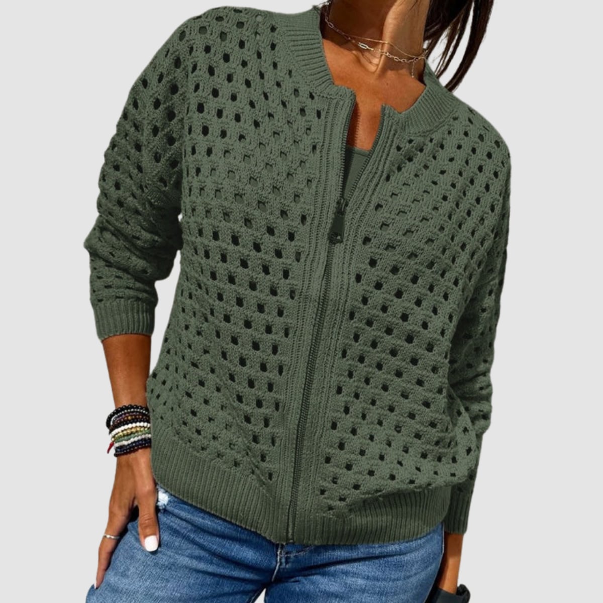 gilet zippé femme col rond maille ajourée en vert