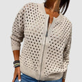gilet zippé femme col rond maille ajourée en abricot