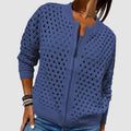 gilet zippé femme col rond maille ajourée en bleu