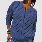 gilet zippé femme col rond maille ajourée en bleu