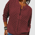 gilet zippé femme col rond maille ajourée en bordeaux
