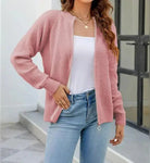gilet zippé femme col rond manches longues en rose