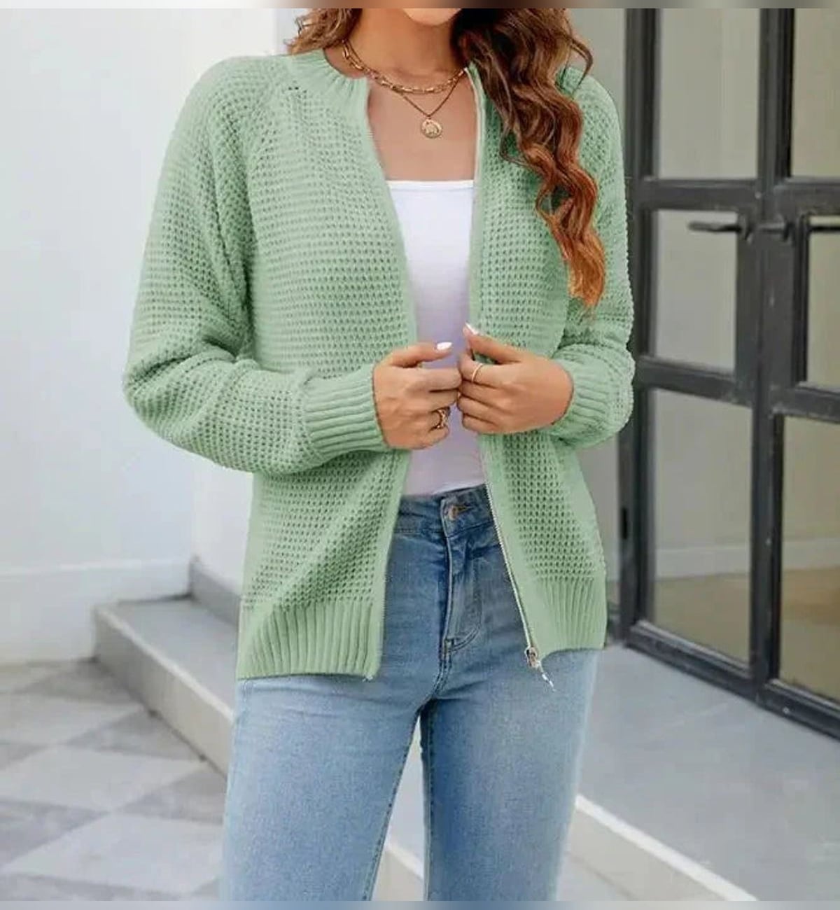 gilet zippé femme col rond manches longues en vert