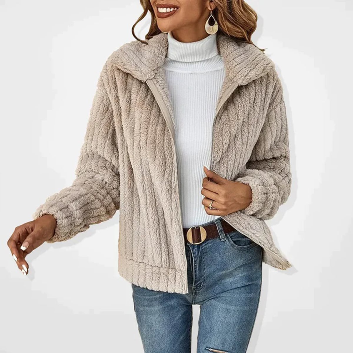 gilet zippé femme coupe longue col rabattu en beige
