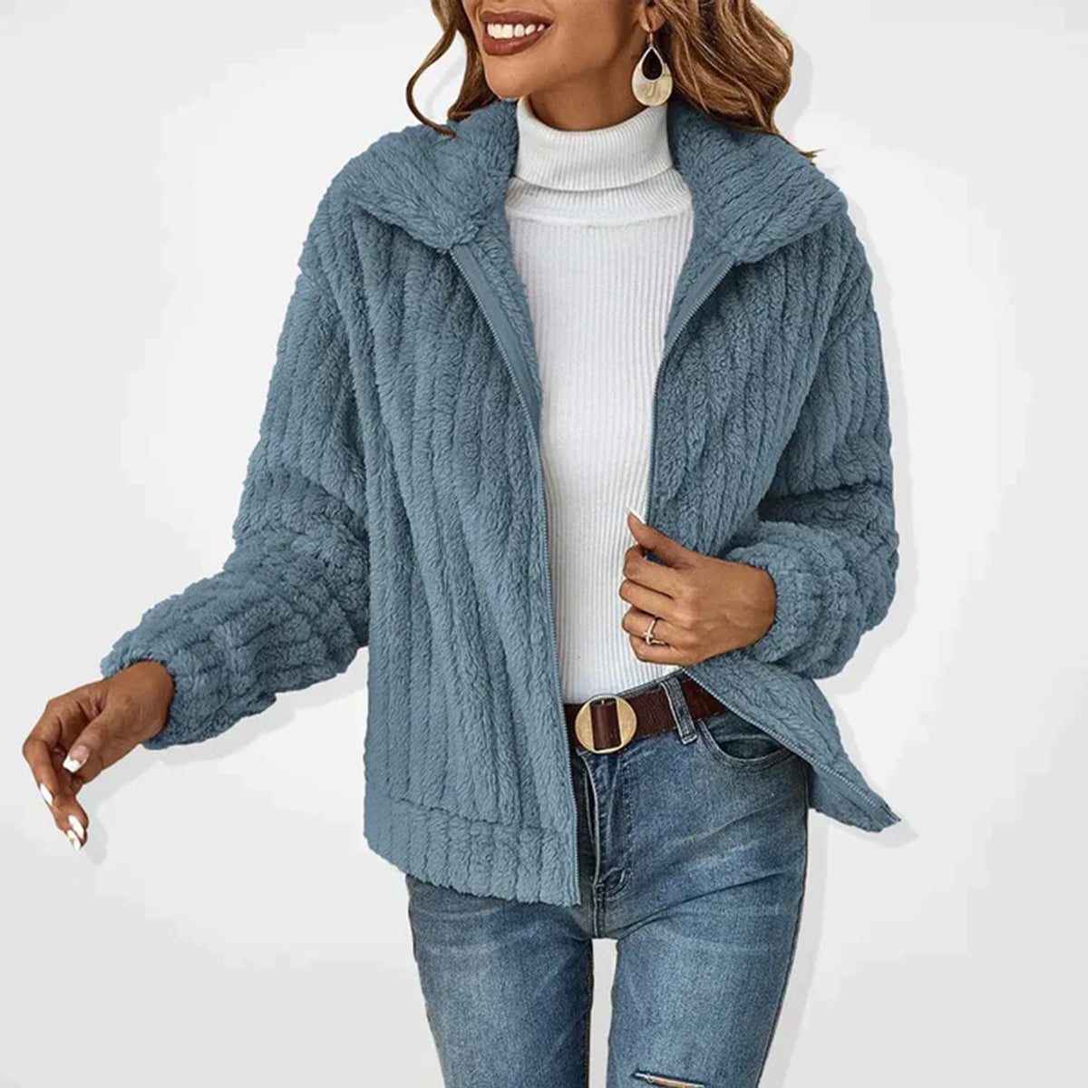 gilet zippé femme coupe longue col rabattu en bleu