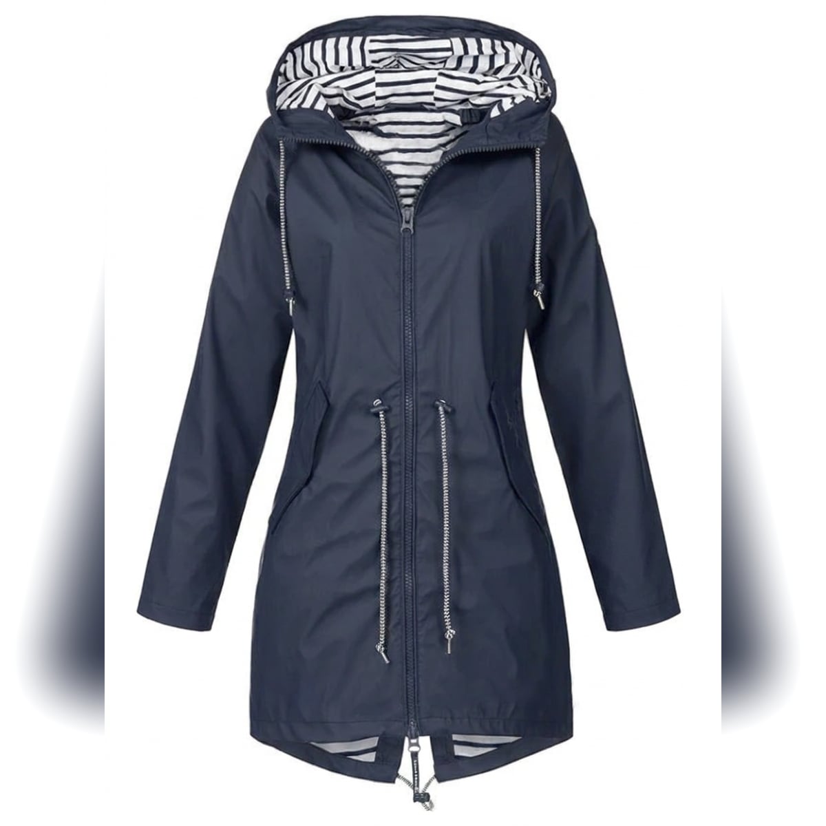imperméable femme coupe droite à capuche en bleu
