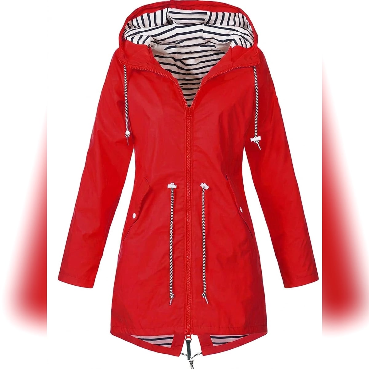 imperméable femme coupe droite à capuche en rouge
