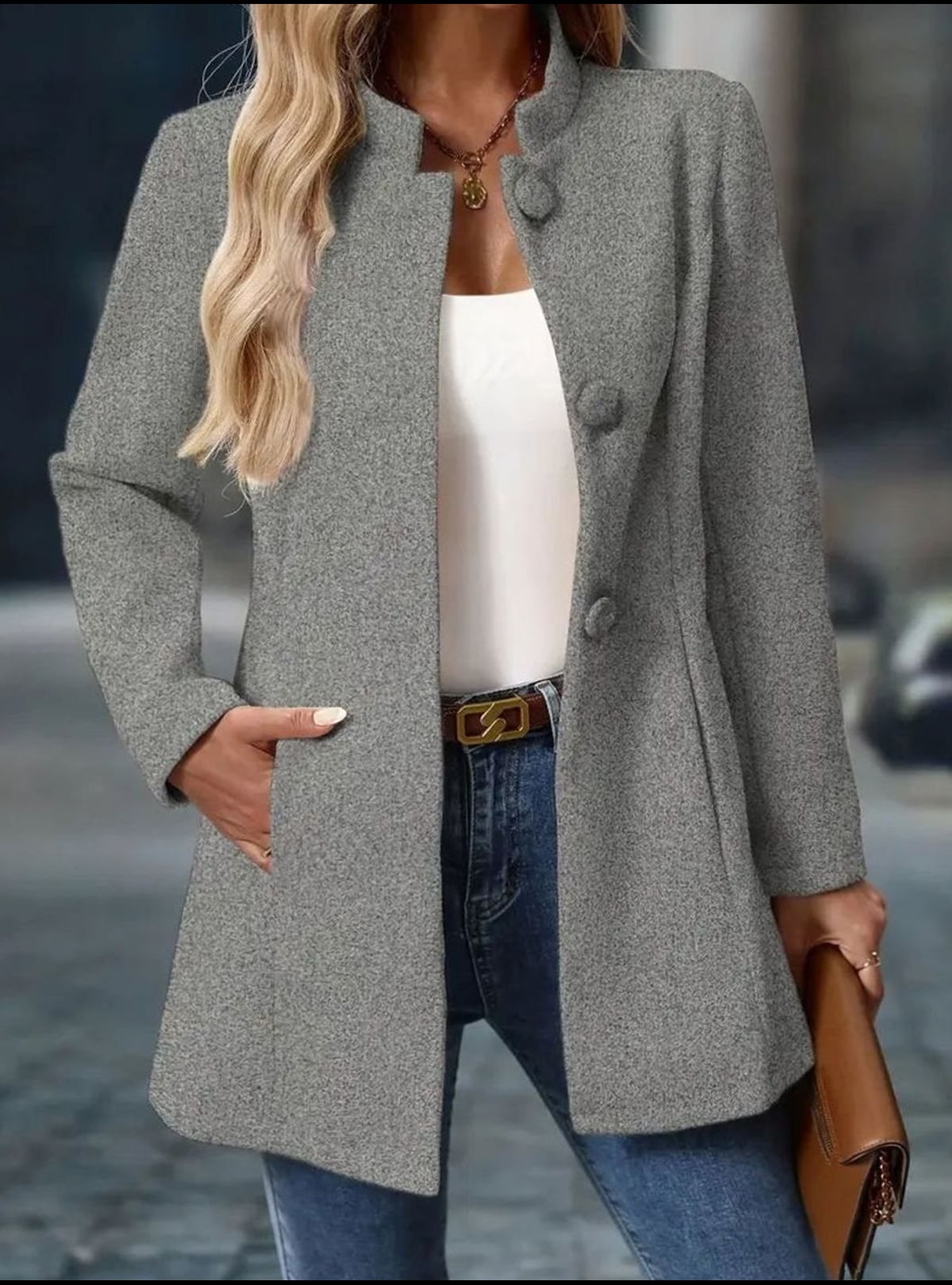 manteau femme col montant boutons en gris