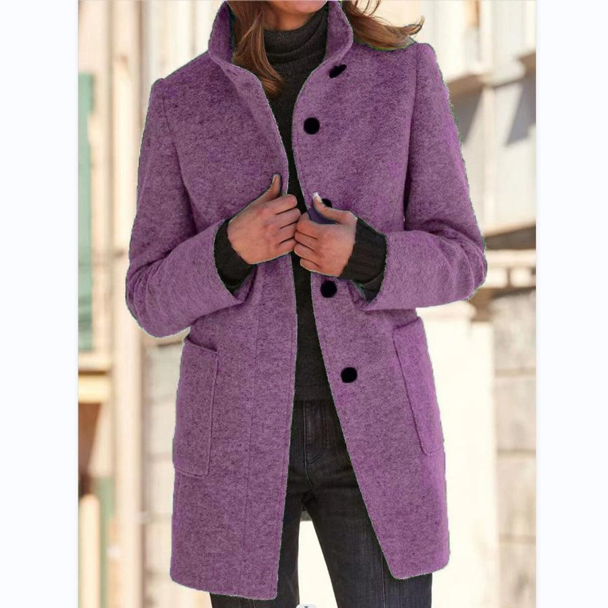manteau femme col montant coupe droite en violet clair