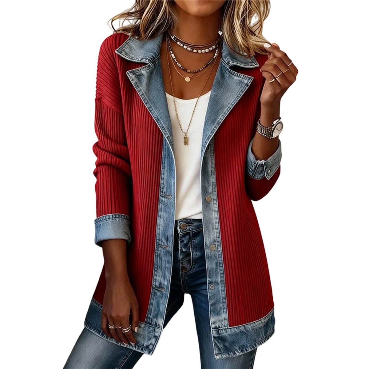 manteau femme côtelé coupe droite en rouge