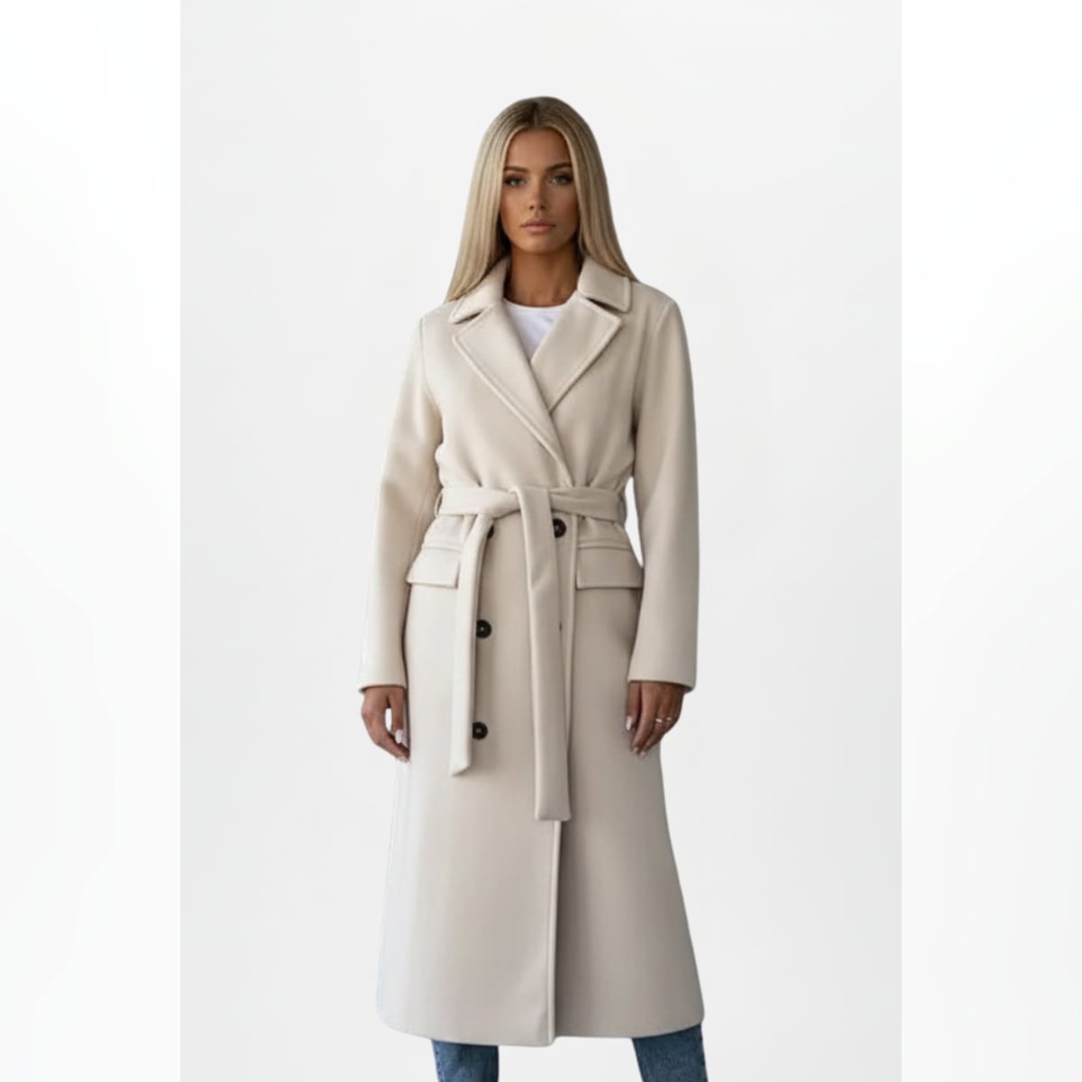manteau femme long ceinturé croisé en crème