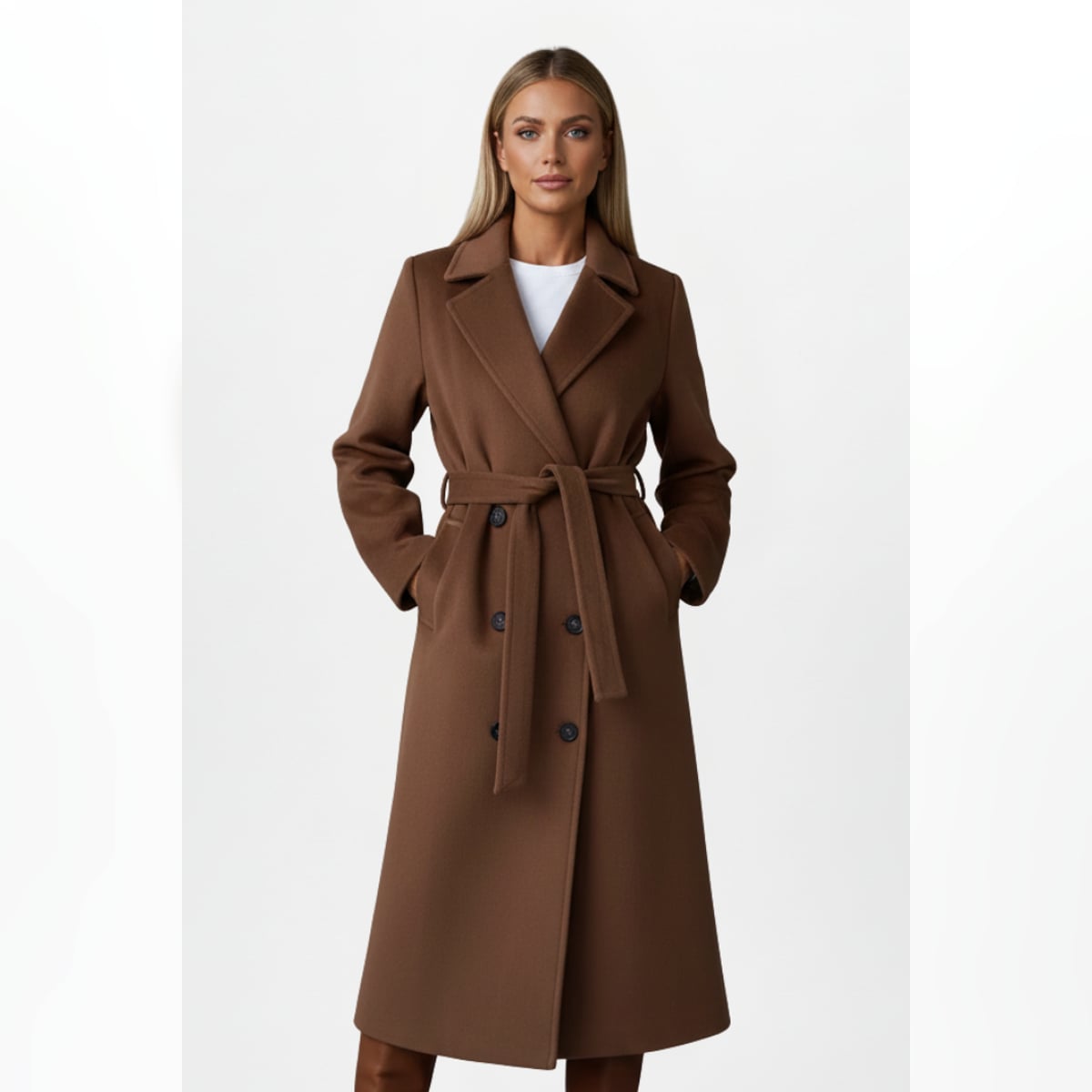 manteau femme long ceinturé croisé en marron