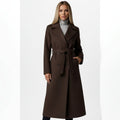 manteau femme long ceinturé croisé en marron chocolat