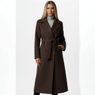 manteau femme long ceinturé croisé en marron chocolat