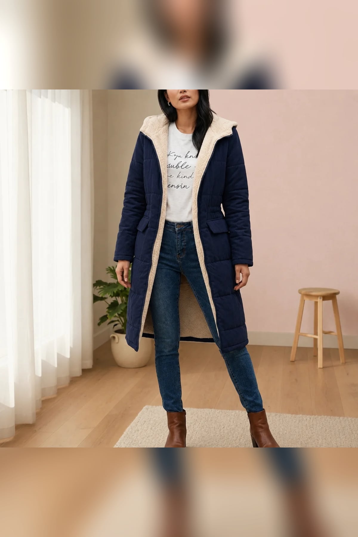 manteau femme longue coupe droite à capuche en bleu marine
