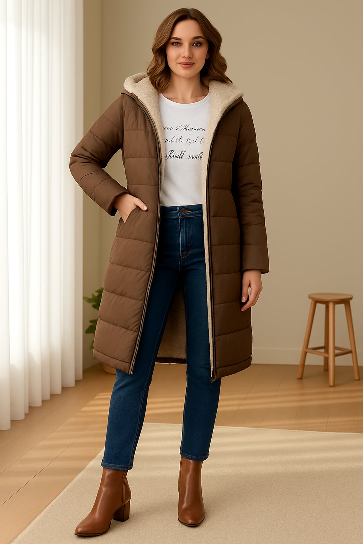 manteau femme longue coupe droite à capuche en marron