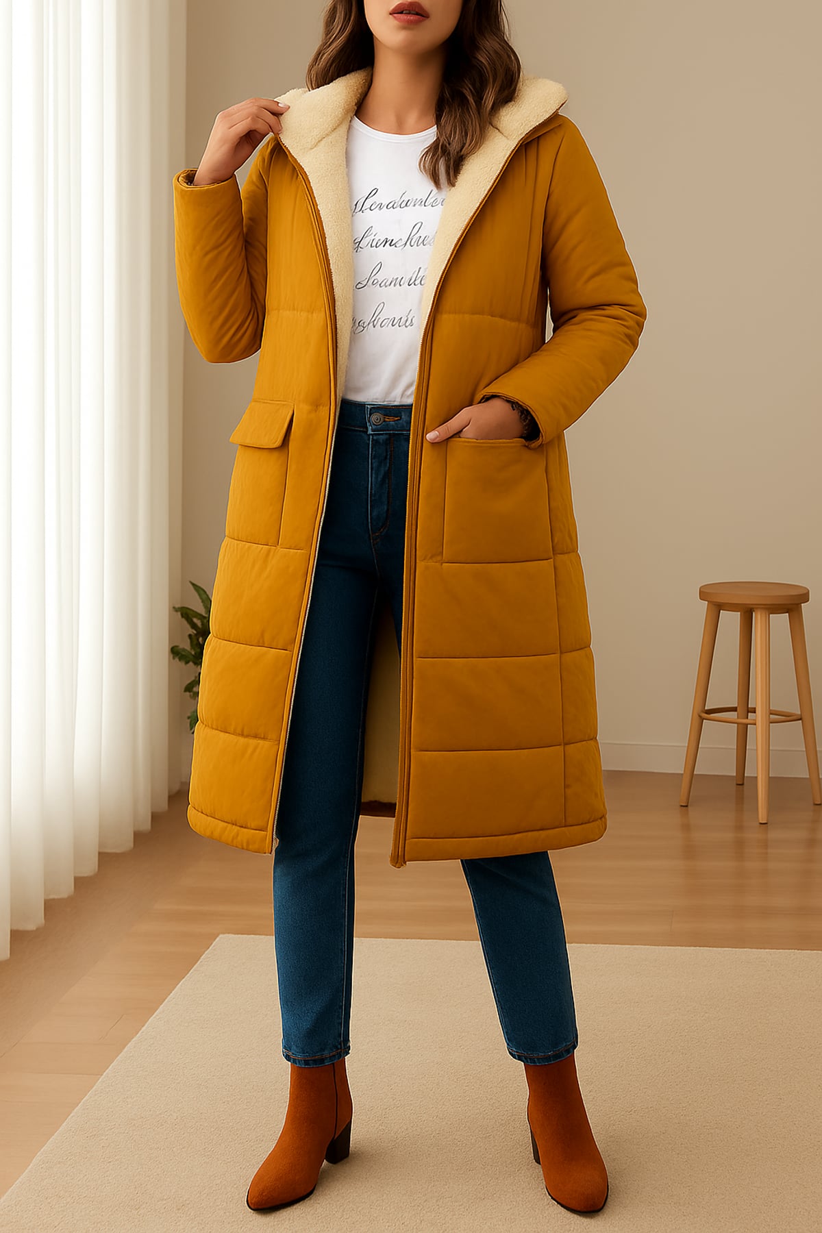 manteau femme longue coupe droite à capuche en jaune