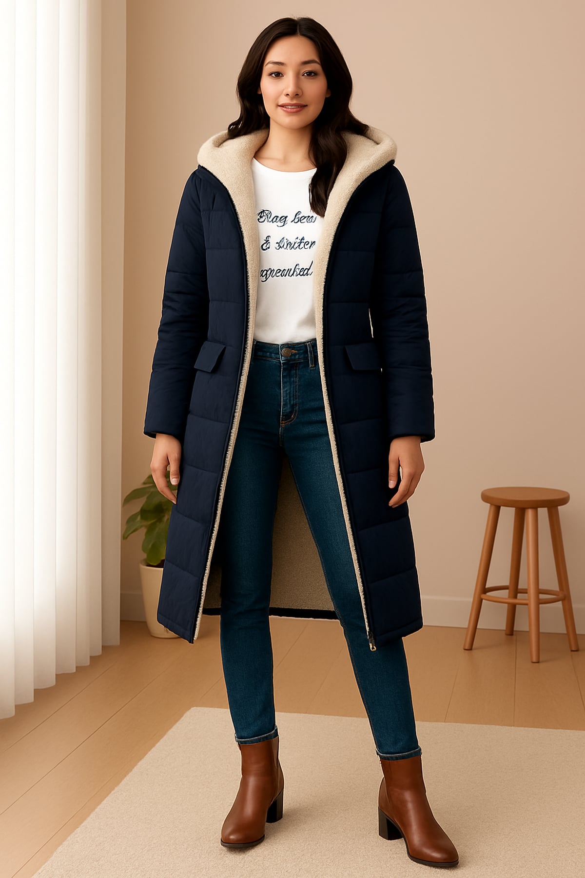 manteau femme longue coupe droite à capuche en bleu marine