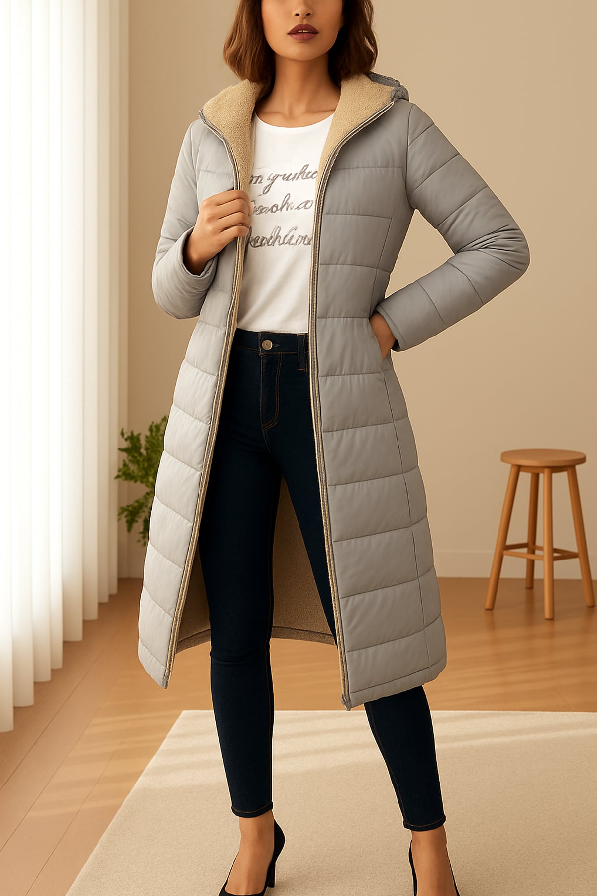 manteau femme longue coupe droite à capuche en gris clair
