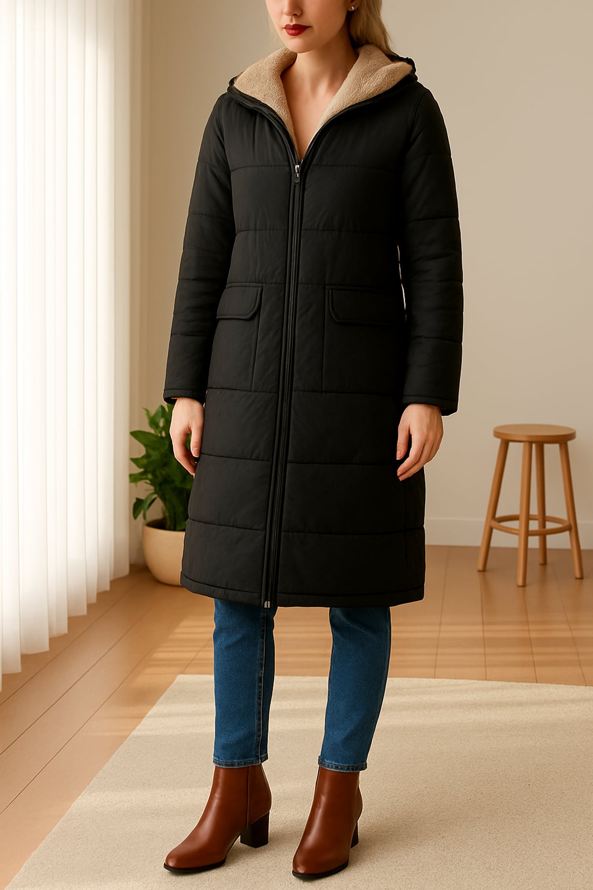 manteau femme longue coupe droite à capuche en noir