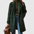 manteau femme mi-long à carreaux col cranté en vert foncé