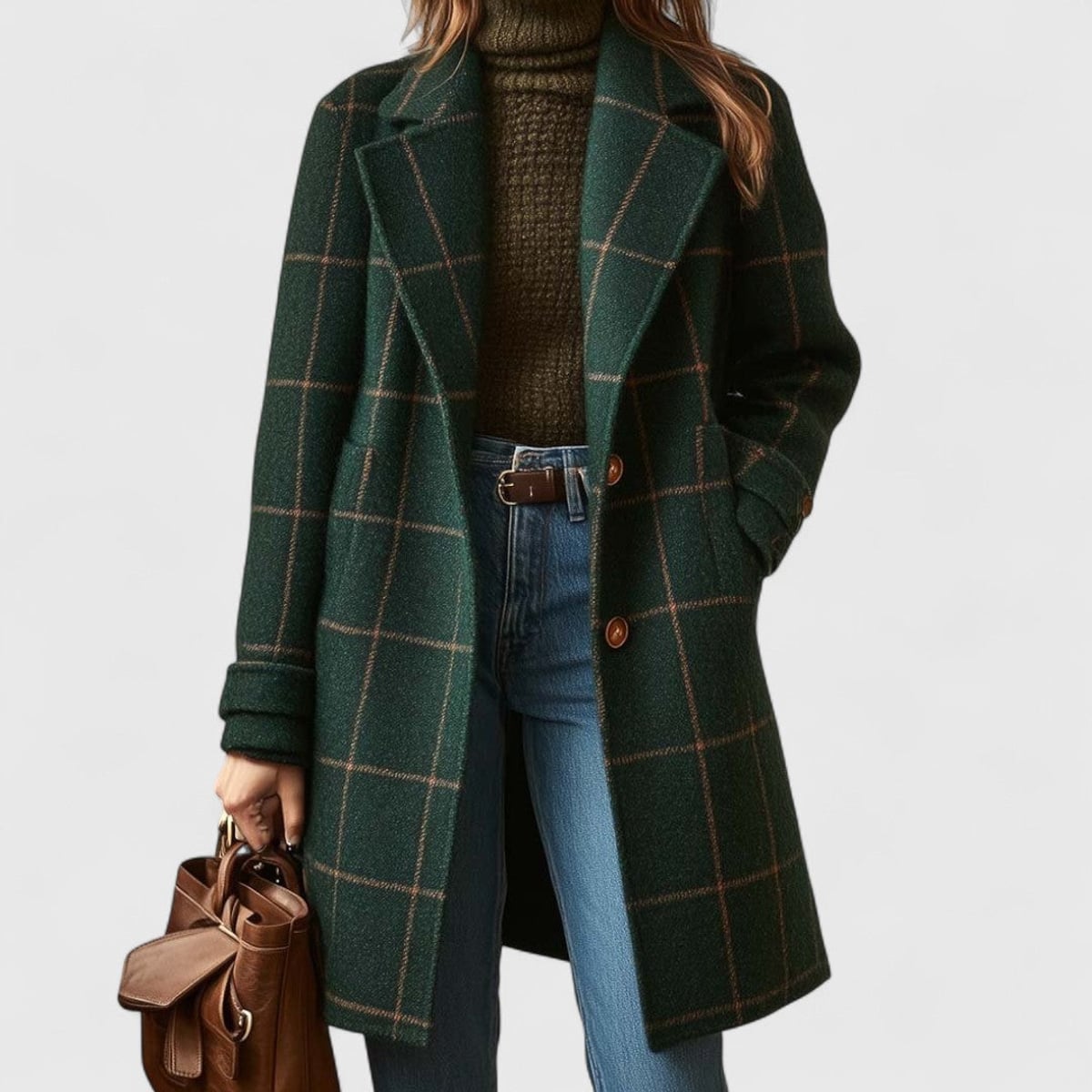 manteau femme mi-long à carreaux col cranté en vert foncé
