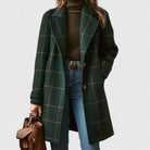 manteau femme mi-long à carreaux col cranté en vert foncé