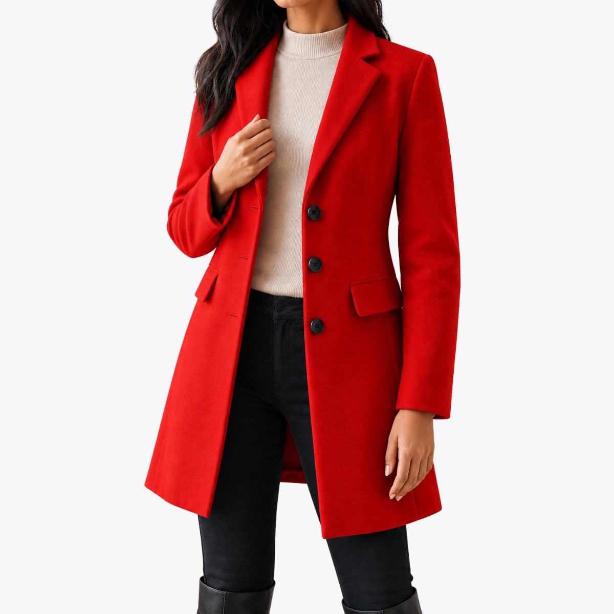 manteau femme mi-long ajusté col à revers en rouge