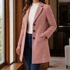manteau femme mi-long ajusté col à revers en rose