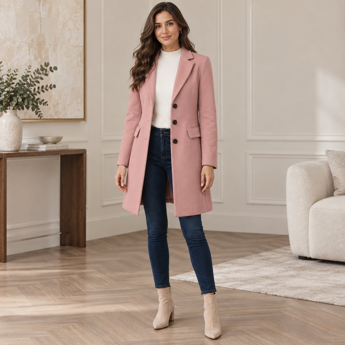manteau femme mi-long ajusté col à revers en rose