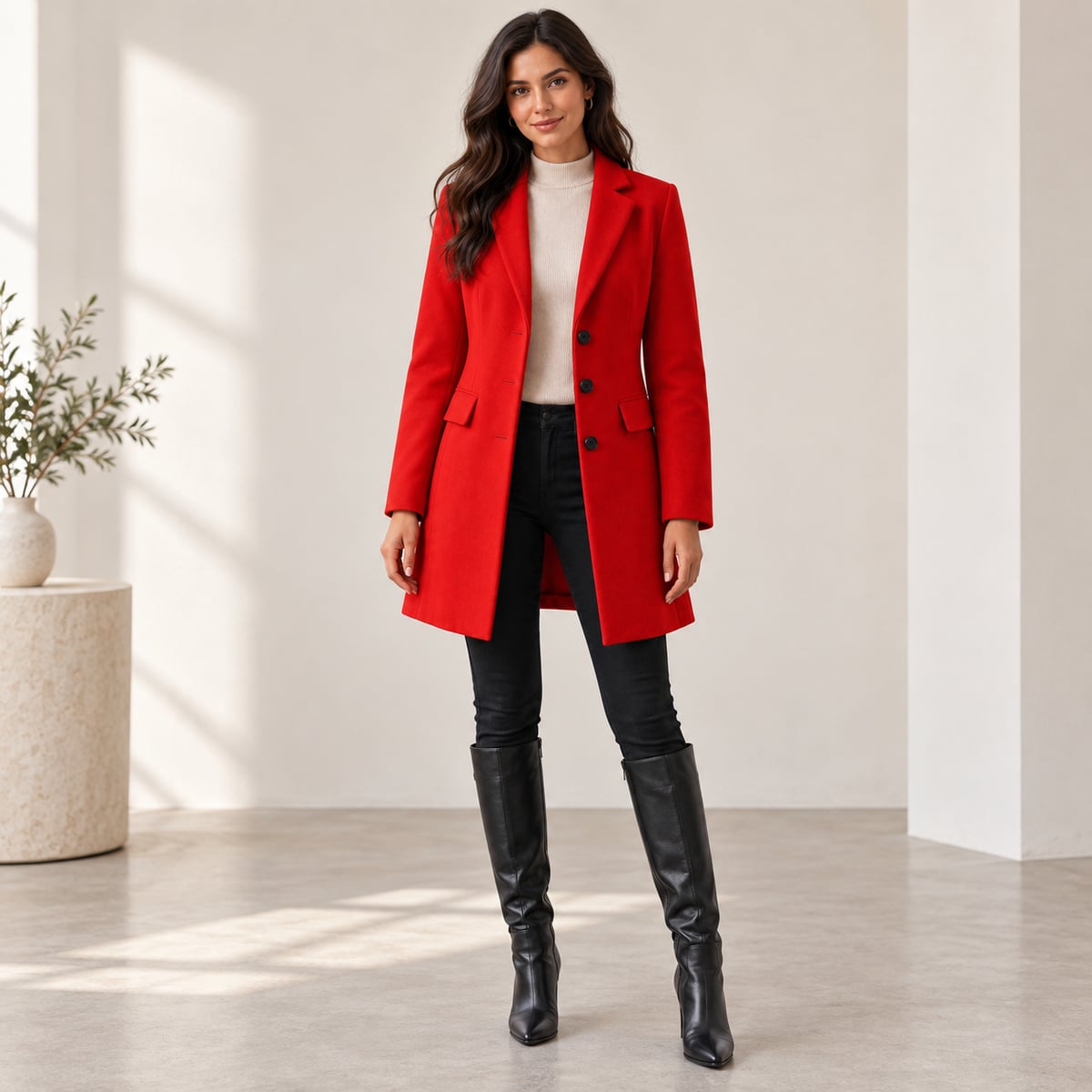 manteau femme mi-long ajusté col à revers en rouge