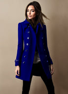 manteau femme mi-long coupe ajustée croisé en bleu