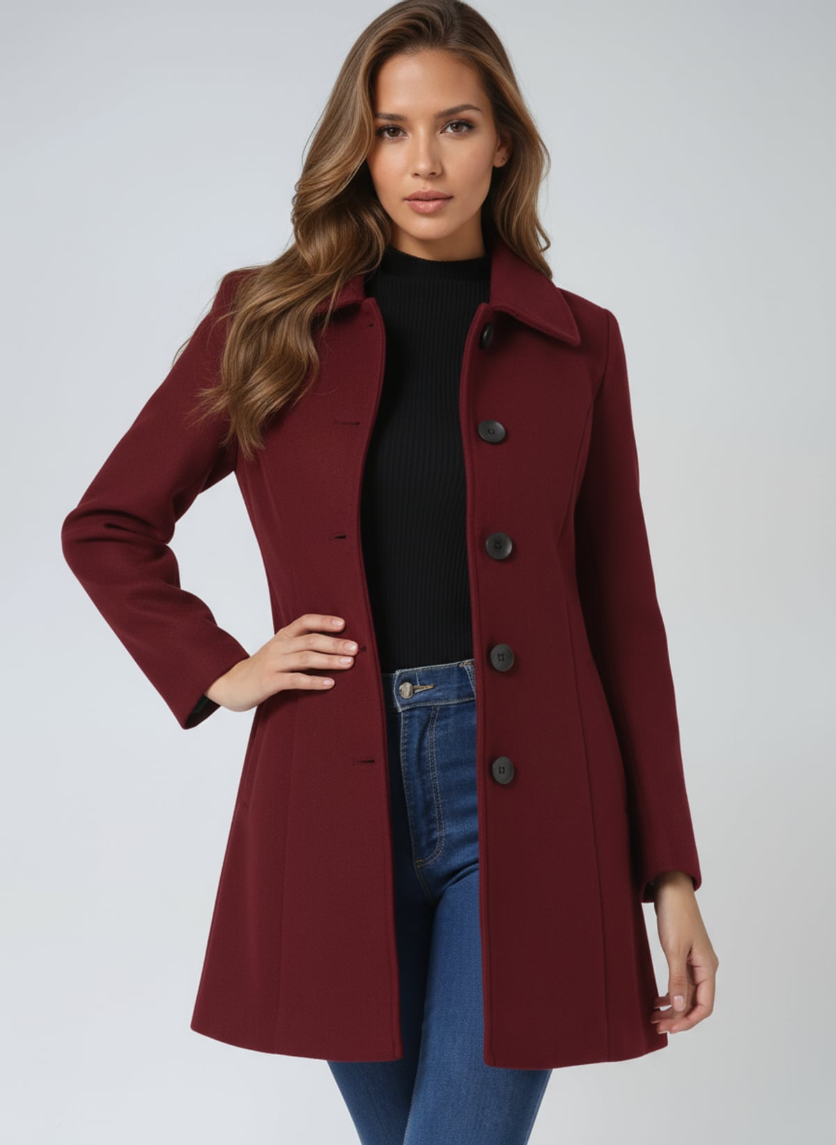 manteau femme mi-long coupe trapèze en rouge foncé