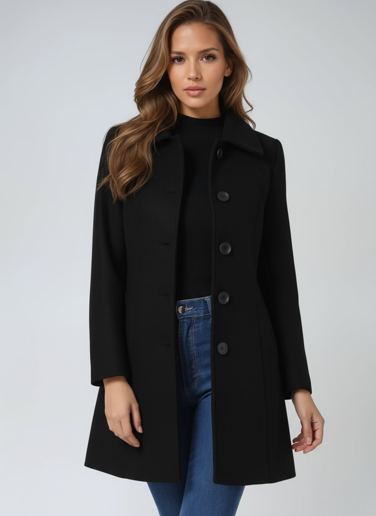 manteau femme mi-long coupe trapèze en noir