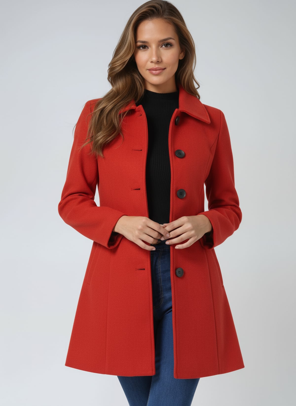 manteau femme mi-long coupe trapèze en rouge
