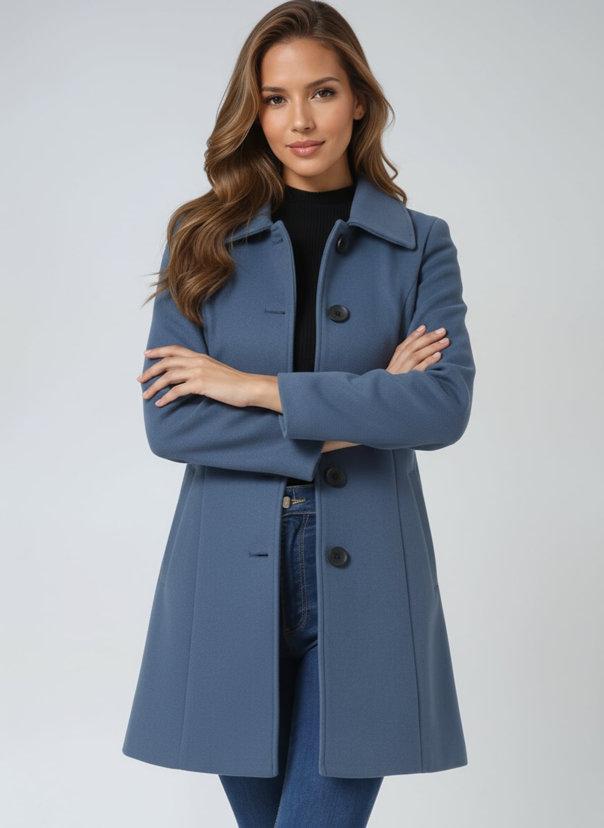 manteau femme mi-long coupe trapèze en bleu