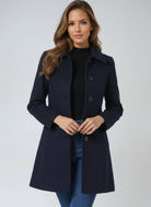 manteau femme mi-long coupe trapèze en bleu foncé