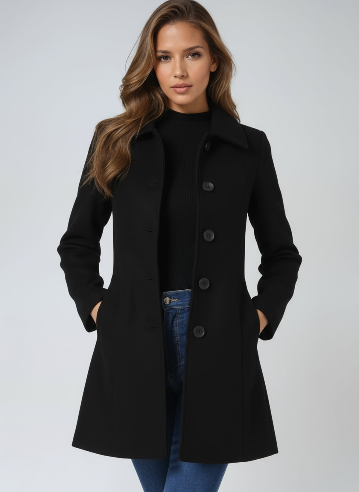 manteau femme mi-long coupe trapèze en noir