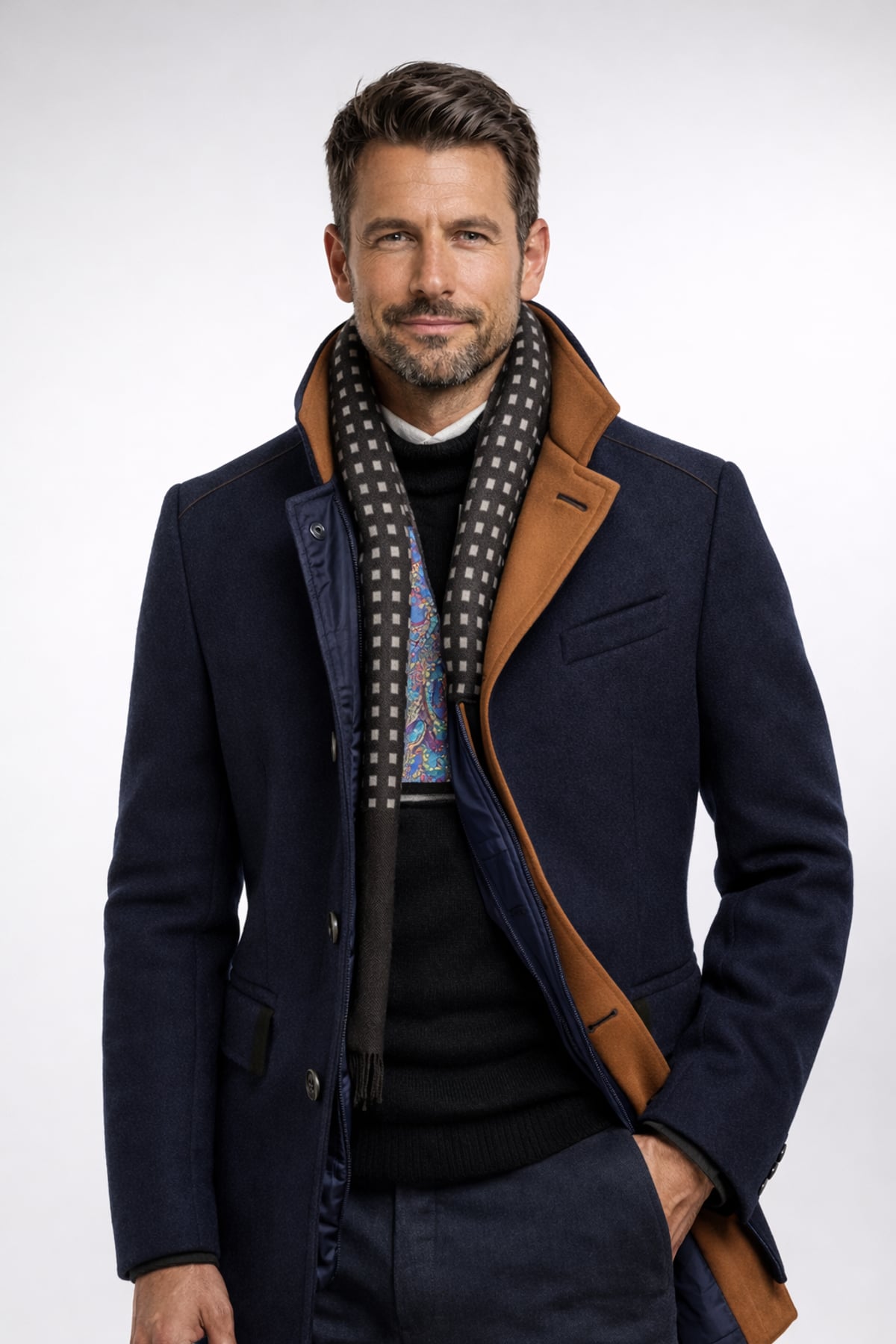 manteau homme chaud col montant coupe droite en bleu marine