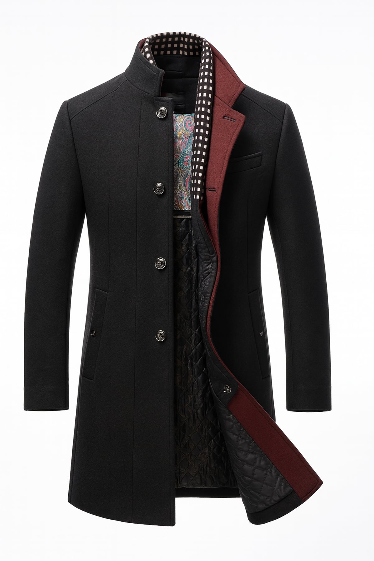 manteau homme chaud col montant coupe droite en noir