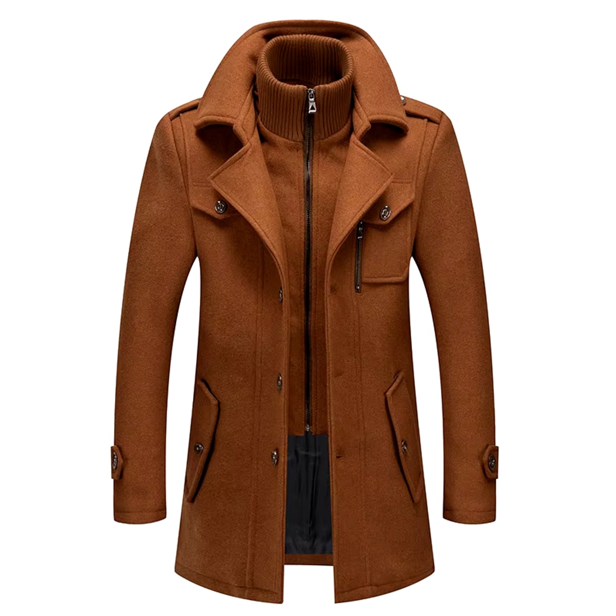 manteau homme col montant coupe droite marron