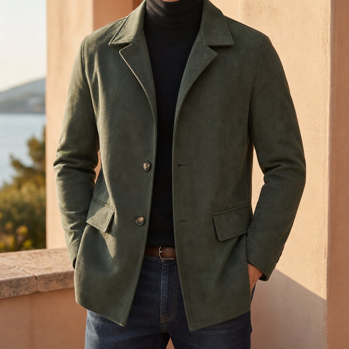manteau homme coupe slim col cranté en vert sauge